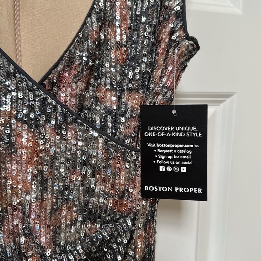 Feliz sequined plunge neck Boston Proper dress with fringe hem